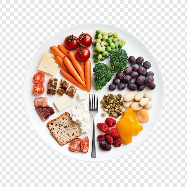Colorful balanced diet plate with vegetables, proteins, and grains