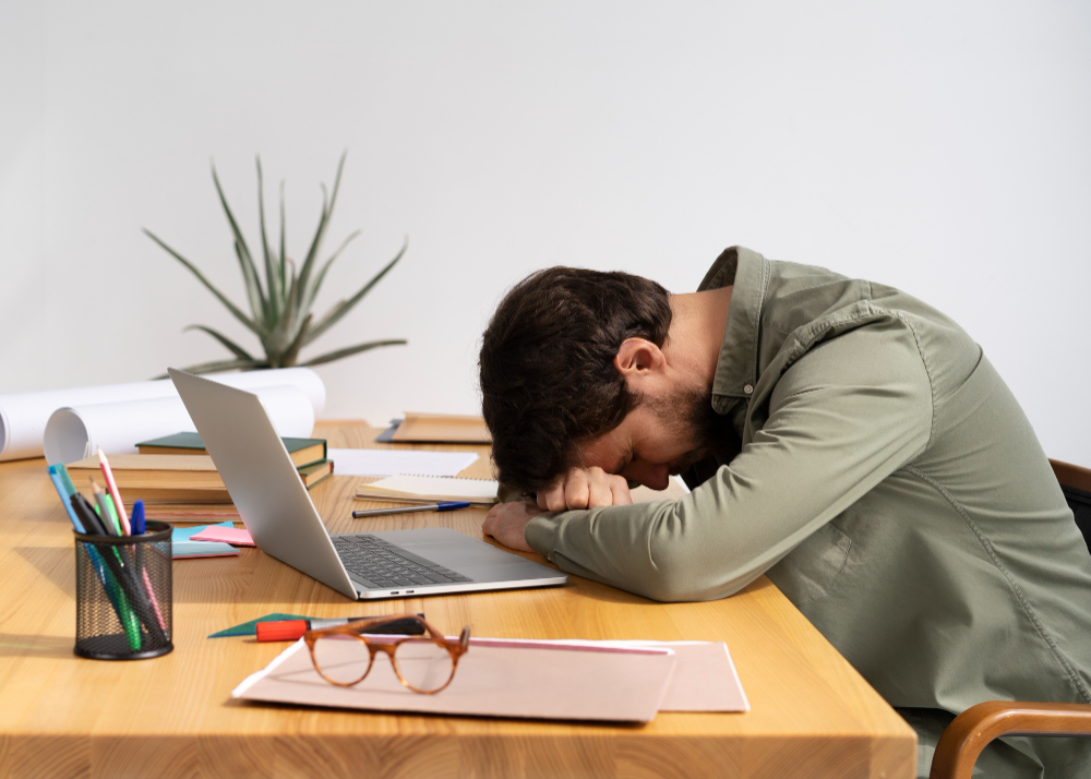 Tired Man Sitting At Desk With Low Energy And Fatigue